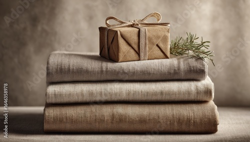 A small, simply wrapped gift sits atop a neatly stacked pile of light-brown linen fabrics against a muted backdrop