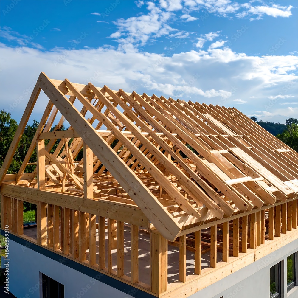 Obraz premium Wooden house frame under construction (2)