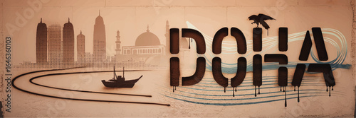 Artistic Doha Street Art Mural Featuring Modern Skyline, Arabic Calligraphy, Traditional Dhow Boat, and Cultural Landmarks