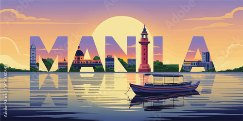 Manila Philippines Skyline Illustration at Sunset with Landmarks, Silhouetted Letters, and Traditional Boat on Calm Water Reflection