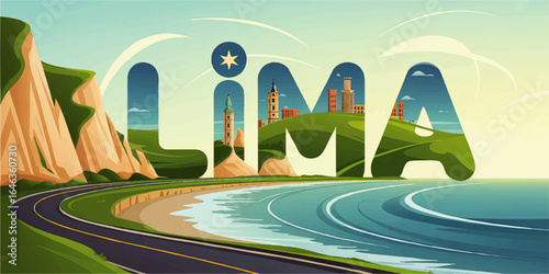 Vibrant Lima Peru Coastline and Cityscape Illustration with Miraflores Cliffs, Pacific Ocean, and Urban Skyline in Modern Art Style