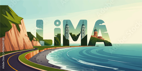 Lima Peru Coastal Skyline Illustration with Cliffs, Ocean, Landmarks, and Road for Travel and Tourism Design