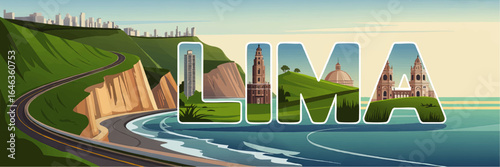 Scenic Lima Peru Coastline and City Landmark Illustration with Ocean View, Cliffs, Iconic Architecture, and Modern Skyline