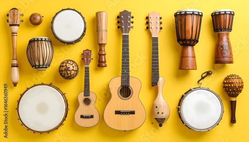 Variety of percussion and string instruments on yellow background
