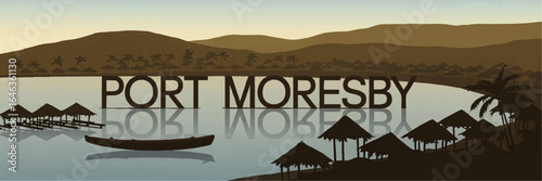 Scenic Vector Illustration of Port Moresby Waterfront at Sunrise with Traditional Huts, Canoe, Palm Trees, and Reflected Mountains