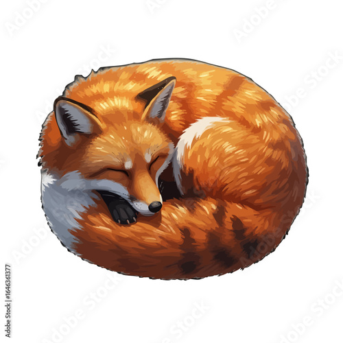 Adorable red fox sleeping peacefully curled into a tight fluffy ball Its vibrant orange fur and whitetipped tail are prominent.
