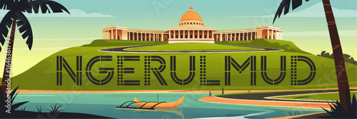 Cartoon Vector Illustration of Ngerulmud Capitol Building in Palau with Tropical Scenery, Palm Trees, and Traditional Canoe