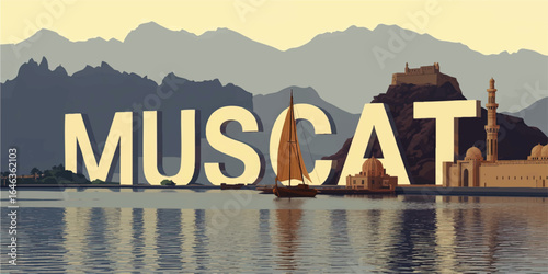 Muscat Skyline Illustration with Sailboat, Mountains, Historic Fort and Mosque at Sunset on Tranquil Water, Oman Travel Poster