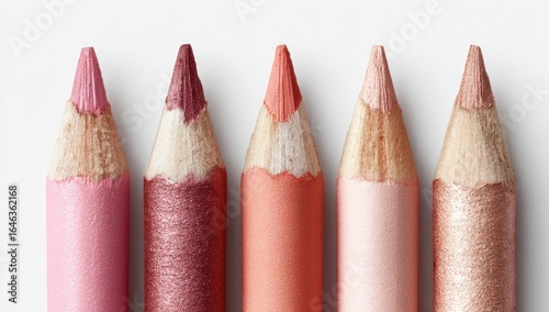 Five sharpened cosmetic pencils in varying shades of pink, rose, and peach, arranged in a row against a white background; showcasing subtle shimmer on some