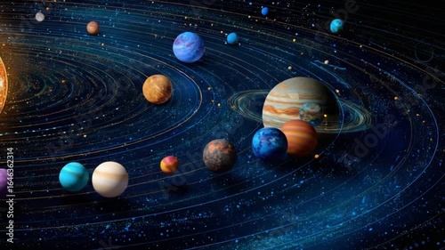 Vivid illustration of a solar system, planets orbiting a sun, in a dark, star-filled space