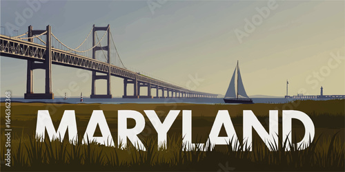 Chesapeake Bay Bridge Maryland Illustration with Sailboat, Waterfront Landscape, Modern Travel Poster Style, Bold Typography