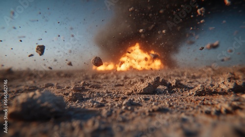 Dynamic image of a powerful explosion with debris and intense fire displayed prominently