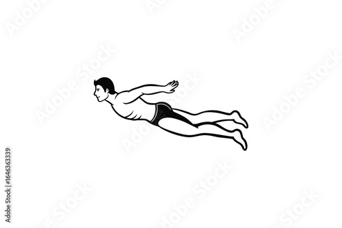 Man swimming underwater with streamlined body position in simple black and white illustration