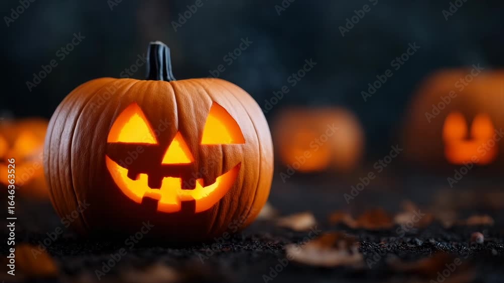 pumpkins with carved faces amidst fallen leaves in a dimly lit environment. The festive spirit of Halloween pumpkins with carved faces amidst fallen leaves in a dimly lit environment. The festive spirit of Halloween