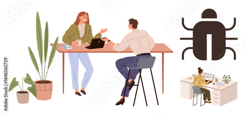 Two colleagues discussing a project at a desk, a debugging concept representing software issues, and an individual working at a separate desk. Ideal for teamwork, problem-solving, technology
