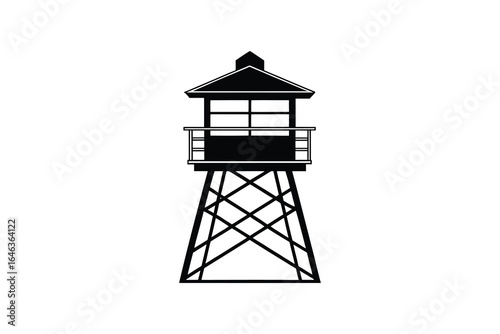 Black and white illustration of a watchtower with a railing and pointed roof on a platform