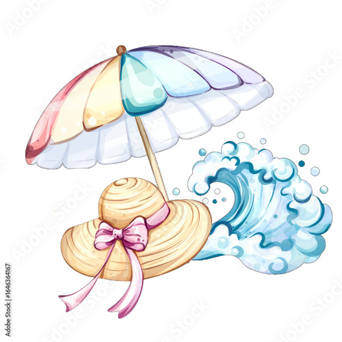 Exciting summer vacation at the beach with a colorful umbrella and a stylish straw hat by the crashing waves