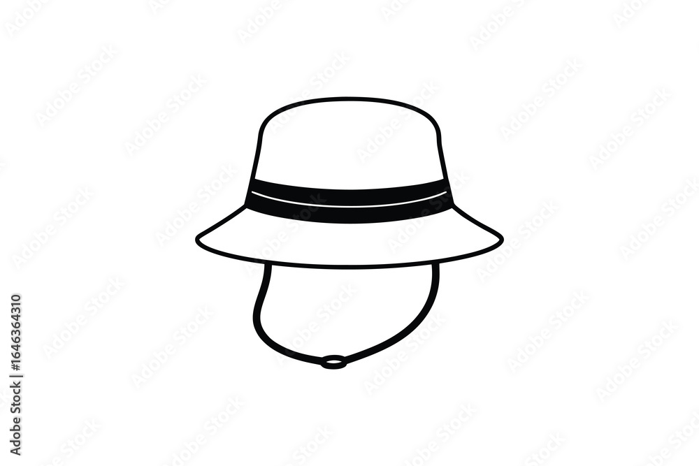 Fototapeta premium Simple black and white illustration of a bucket hat with chin strap and band