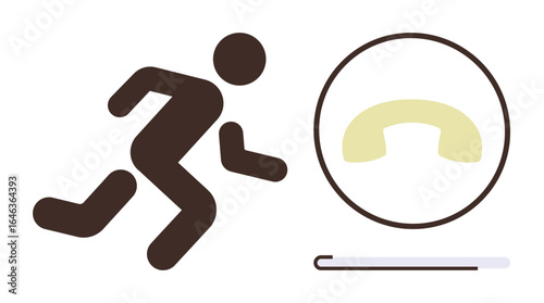 Person in motion rushing towards phone receiver encased in a circle. Ideal for urgency, communication, customer service, alertness, business priorities, speed, calling. Simple flat metaphor