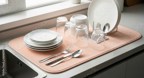Clean Kitchen Scene with Dishes Drying on a Mat by the Sink, Featuring Plates, Glasses, and Silverware for Household Chores and Kitchen Organization