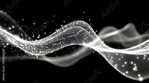 Abstract design of shimmering, wavy lines with light particles.
