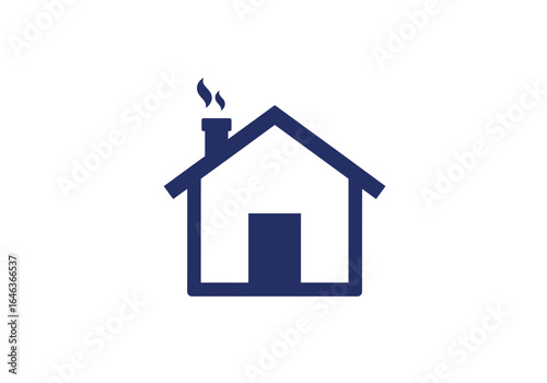 Simple blue icon of a house with a smoking chimney, representing home and residence.