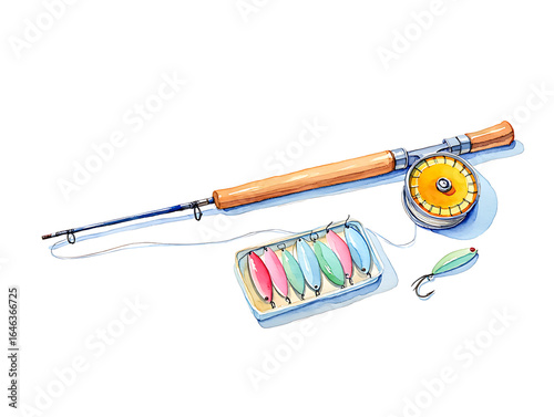 Fishing Rod with Lures – Watercolor Illustration