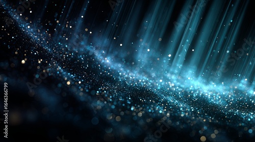 Sparkling, glowing particles cascade across a dark backdrop.