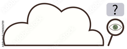 Large cloud shape with magnifying glass visualizing eye symbol, conveying analysis, data security, and question symbol for ambiguity. Ideal for innovation, technology, privacy, security, research