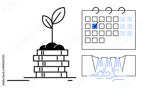 Young plant sprouting from stacked coins, marked calendar date, and flowing waterfall. Ideal for finance, sustainability, growth, planning, investment productivity resource management. Flat simple