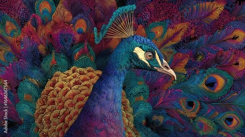 Vivid peacock portrait, with detailed feathers displaying rainbow hues, digital art