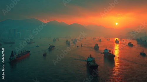 Sunset over a harbor filled with ships.