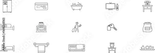 Set of Minimalist Line Icons for Hotel and Hospitality Including Refrigerator, Bathtub, TV, Bed, Maid, Key, Towel, and Dining Table for Accommodation and Service Design