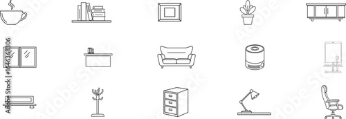 Set of Minimalist Line Icons for Home and Office Interiors Including Coffee Cup, Bookshelf, Frame, Plant, Cabinet, Window, Desk, Sofa, Lamp, Chair, and Furniture Elements for Decor Design