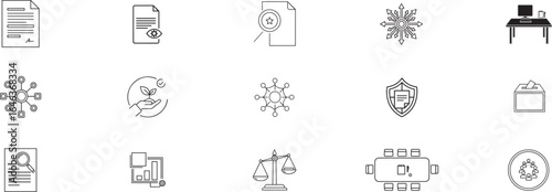Collection of Minimalist Line Icons for Legal and Business Themes Including Documents, Scales, Shields, Desks, and Network Symbols for Law and Corporate Design