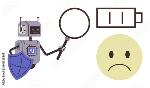 Robot with AI shield arm examines low battery symbol through magnifying glass near a sad face. Ideal for technology, innovation, energy, problem-solving, AI, robotics, efficiency concept, simple flat