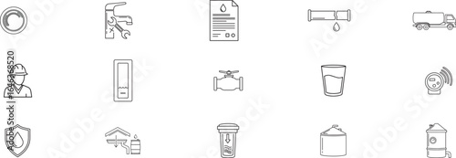 Collection of Minimalist Line Icons for Plumbing and Water Management Including Faucets, Pipes, Trucks, Workers, Documents, Tanks, and Safety Symbols for Infrastructure and Service Design