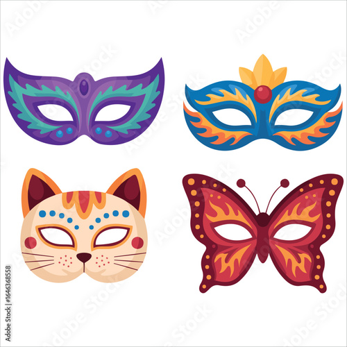 Colorful masquerade masks flat vector art backdrop