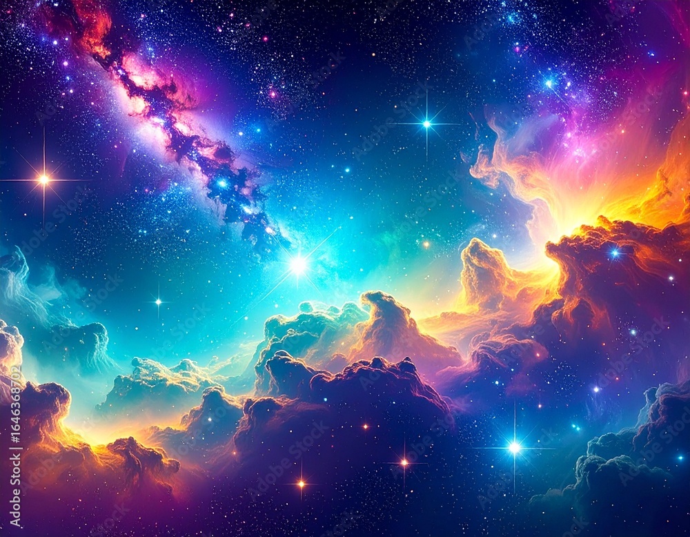 Fototapeta premium Celestial Symphony: An awe-inspiring cosmic canvas explodes with vibrant hues, capturing the majesty of the universe with stunning detail.