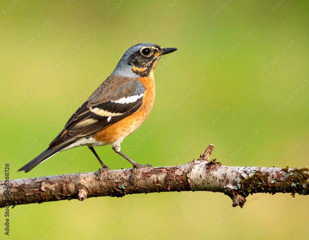 Fototapeta premium Eastern stonechat bird perched on branch: A vibrant, photorealistic image of an Eastern stonechat bird, showcasing its striking orange and grey plumage. The bird.