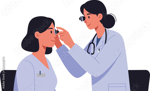 Female doctor examining female patient in medical office with stethoscope and professional care interaction vector illustration 