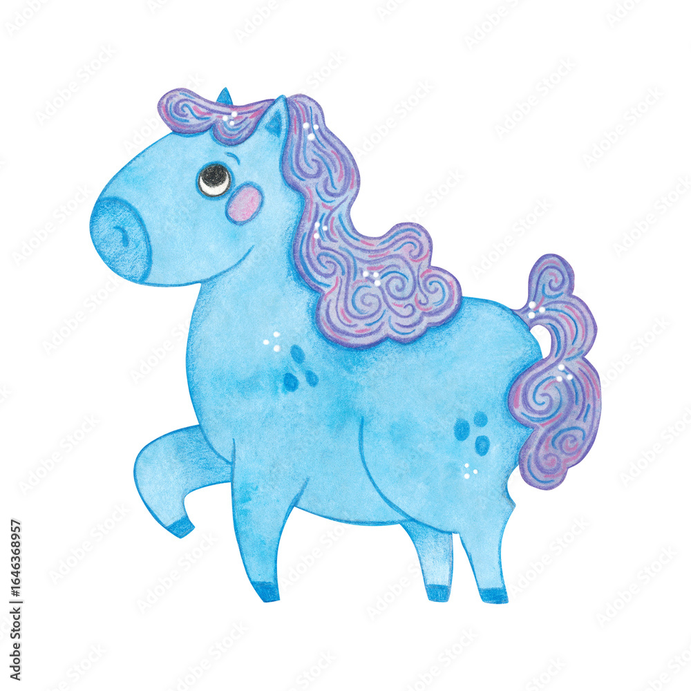 Obraz premium Blue horse walking, cartoon character. Symbol of the new year 2026. Watercolor illustration hand drawn. Drawing template for postcards, stickers, posters, scrapbooking. New Year, Chinese horoscope