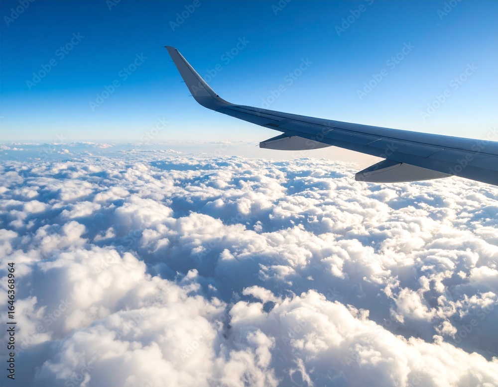 Obraz premium Soaring Above the Clouds: A captivating aerial perspective from an aircraft window, showcasing a fluffy expanse of clouds against a brilliant blue sky, symbolizing travel and freedom.