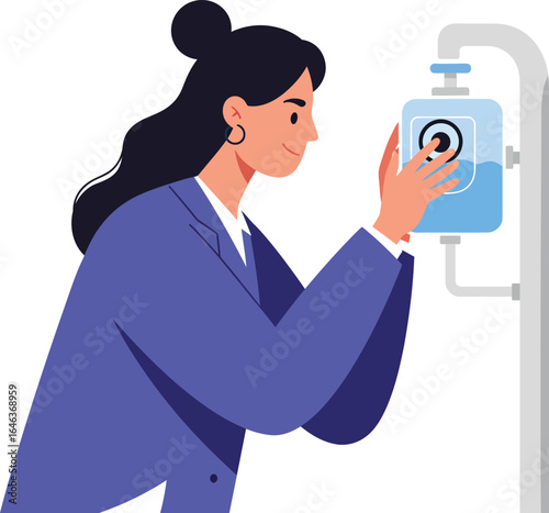 Woman in blue jacket adjusting water meter for utility measurement vector illustration
