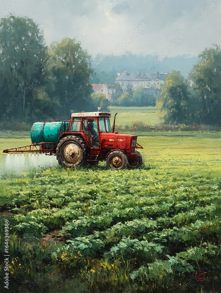 Obraz premium Red tractor spraying crops in a green farm field in the countryside