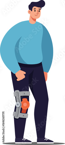 Man with robotic prosthetic leg standing confidently wearing blue sweater and dark pants vector illustration 