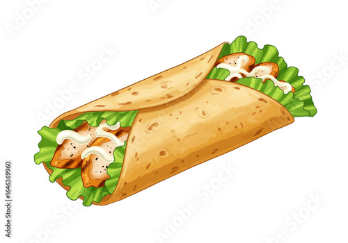 A stylized chicken wrap with lettuce and white sauce featuring a wheat tortilla