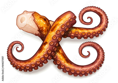 A vector illustration of cooked octopus tentacles displaying a mix of brown orange and red hues