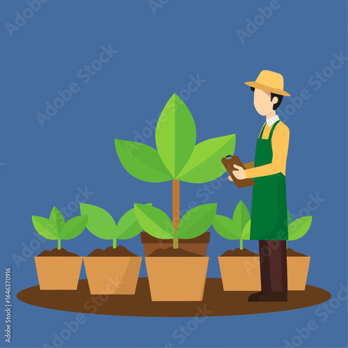 A gardener in a green apron and yellow hat inspects a row of growing potted plants with a clipboard.