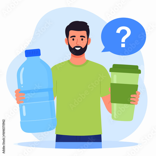 Bearded man in a green shirt choosing between a large water bottle and a reusable coffee cup.